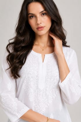 Mrs Right Women Handcrafted Chikankari Embroidered Reyon Straight Short Kurti