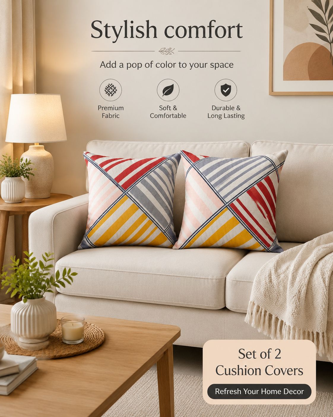 DHRUVINSRI Set of 2 Cotton Blend Cushion Covers 16 x 16 Inches, Square Striped Print Decorative Cushion Covers for Sofa, Living Room & Bedroom Home Decor