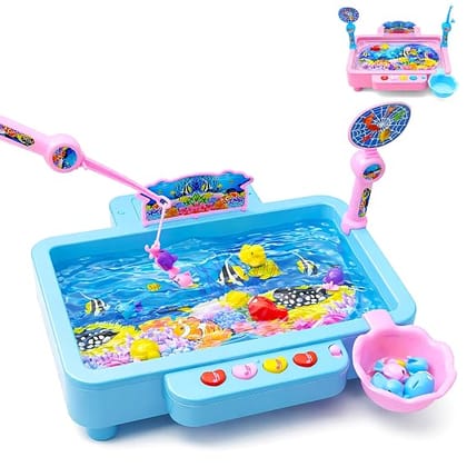 VGRASSP Real Water Pond Magnetic Fishing Game Toy for Kids - Rotating Colorful Fish Catching Activity Playset with Rods, Scoops, Lights & Music Interactive Activity Set
