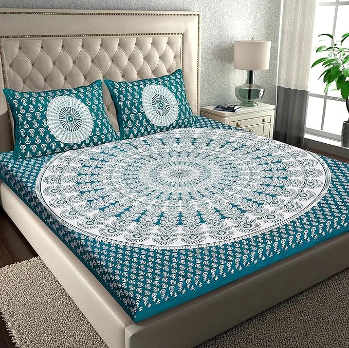RajasthaniKart Pure 100% Cotton Double Bed Sheet with 2 Pillow Covers (Bedsheet for Double Bed Cotton, Green Rangoli)