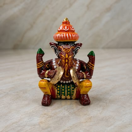 Varanasi Wooden Musician Lord Ganesha Idol with Manjeera 4 Inch