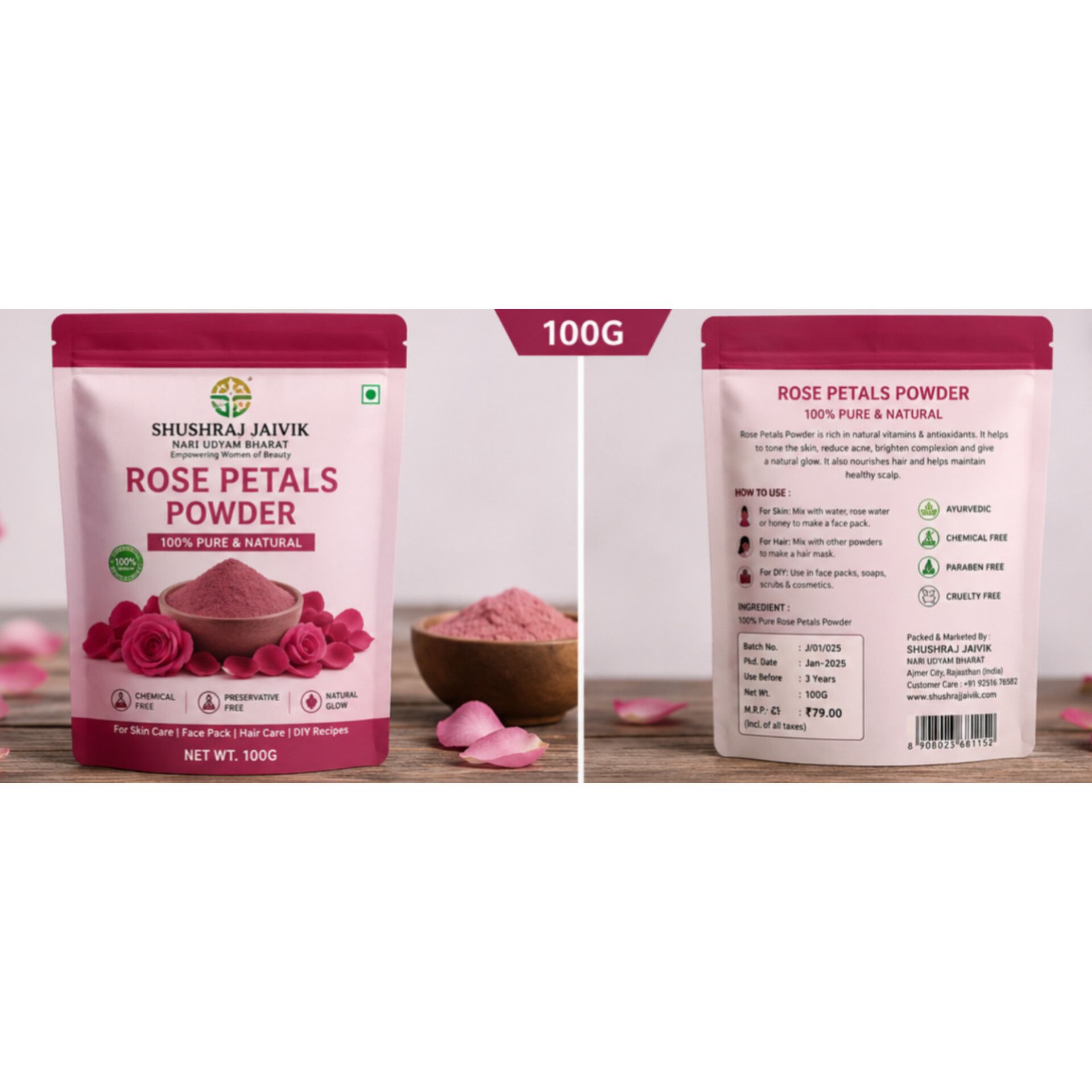 SHUSHRAJ JAIVIK Rose Petals Powder 100% Pure & Natural – Skin & Hair Care