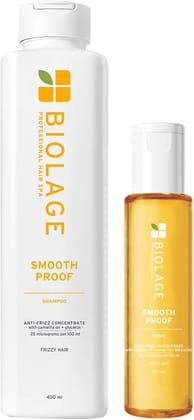 Biolage Smooth Proof Shampoo and Serum (Shampoo 400ml + Serum 100ml) Professional Combo for Dry and Frizzy Hair with Camellia Oil and Glycerin for 72HR Frizz Control