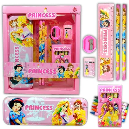 Kids Princess Geometry Box Stationery Kit Set for Girls Multicolor | Cute Cartoon School Supplies with Pencil Scale Eraser Sharpener & Crayons | Study Kit for Kids School Home Use