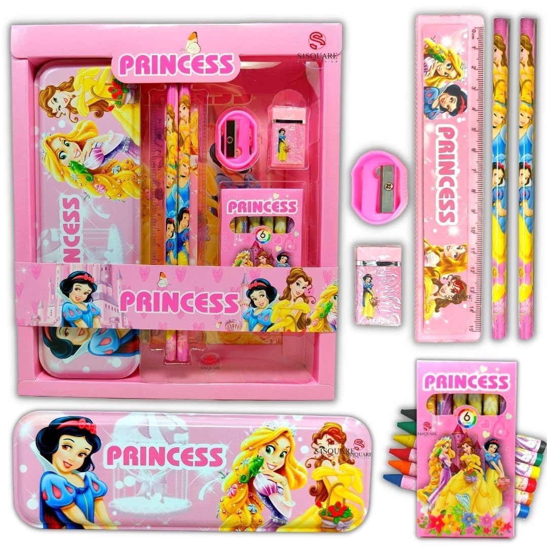 Kids Princess Geometry Box Stationery Kit Set for Girls Multicolor | Cute Cartoon School Supplies with Pencil Scale Eraser Sharpener & Crayons | Study Kit for Kids School Home Use