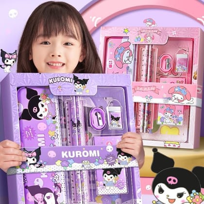 School Stationery Gift Set, 8 Pieces, Ruler, Pencil, Eraser, Sharpener, Compass Box for Girls and Boys 