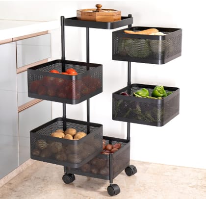 Kitchenwell Metal Multi-Purpose Trolley Storage Organizer and Kitchen Accessories Items for Kitchen Storage Rack Square Design Fruits & Vegetable Onion Cutlery (Matt Black, 5 Layer Drawer)