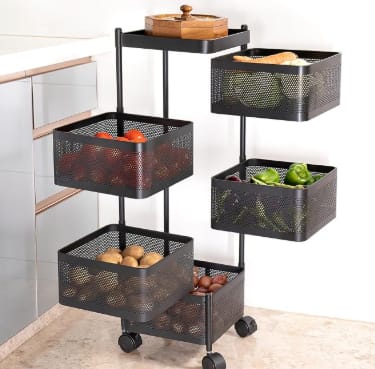 Kitchenwell Metal Multi-Purpose Trolley Storage Organizer and Kitchen Accessories Items for Kitchen Storage Rack Square Design Fruits & Vegetable Onion Cutlery (Matt Black, 5 Layer Drawer)