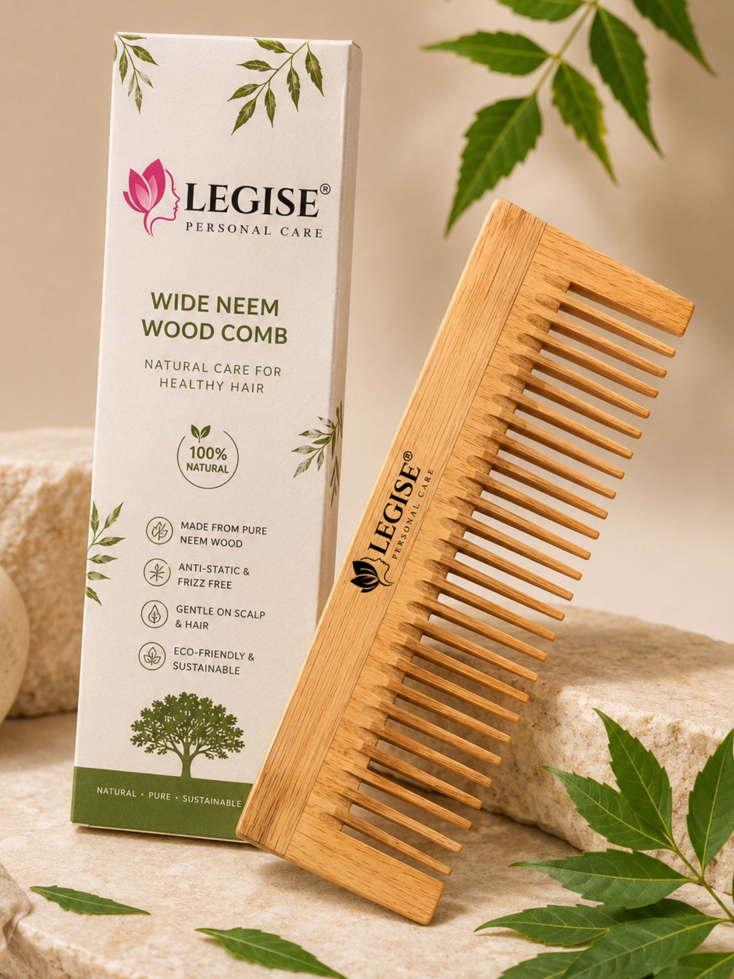 LEGISE Neem Wood Wide Tooth Comb for Hair & Scalp Care | Anti-Bacterial Wooden Comb | For Men & Women