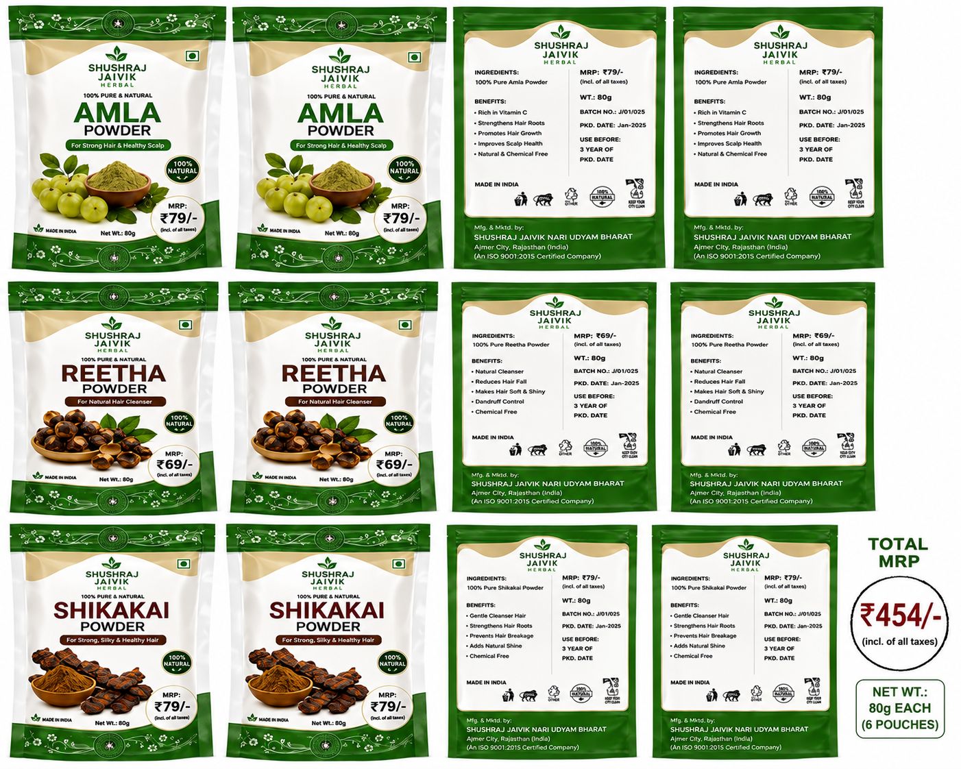 SHUSHRAJ JAIVIK Signature Haircare Combo Pack – Amla, Reetha & Shikakai Powder | 100% Pure & Natural Herbal Hair Care | For Strong, Shiny & Healthy Hair | 80g Each