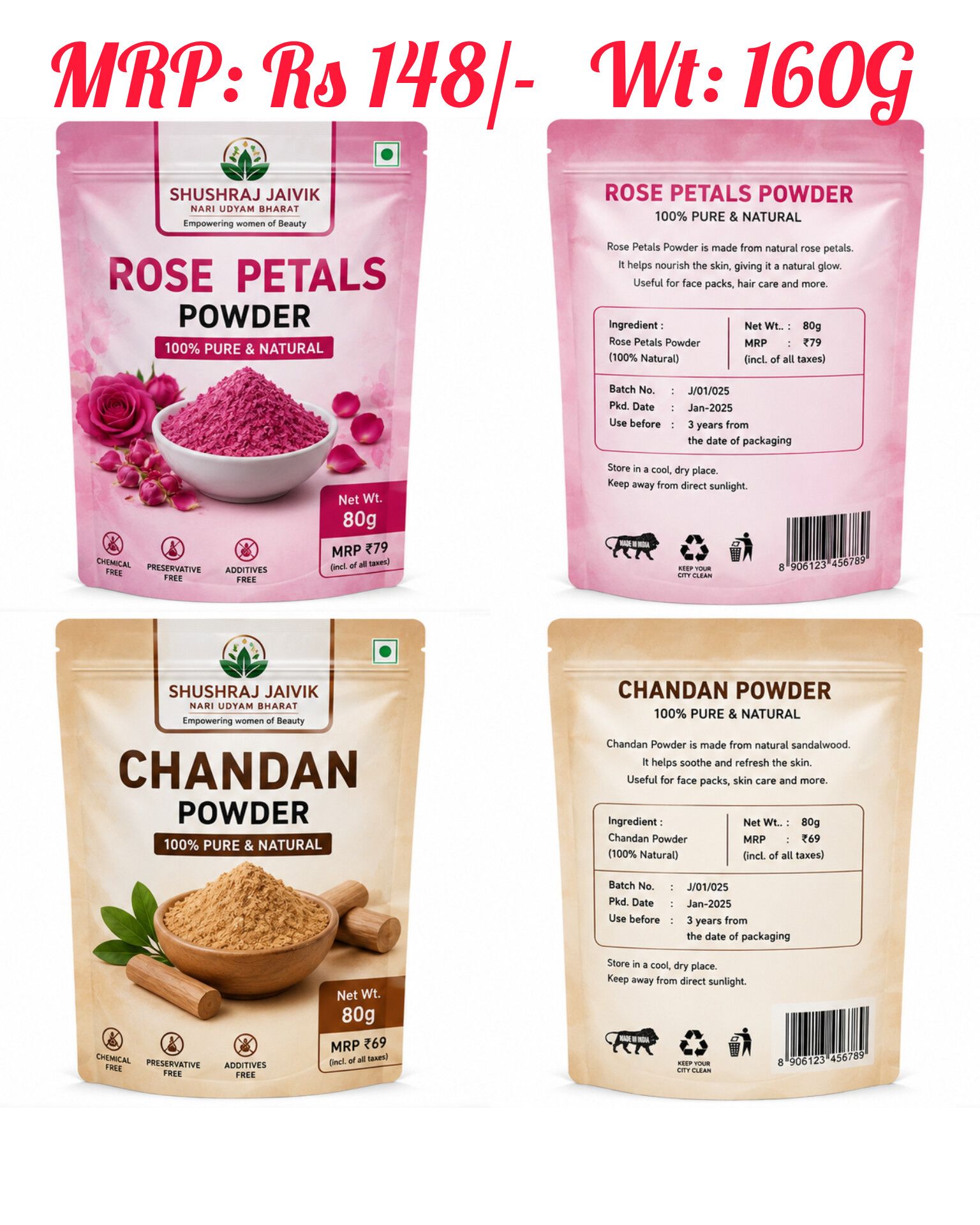 SHUSHRAJ JAIVIK Rose Petals Powder & Chandan Powder Combo Pack - 100% Pure & Natural Skin Care Powder