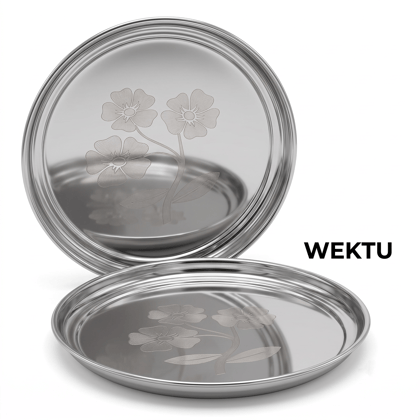 WEKTU Stainless Steel Rajbhog Gol Dinner Plate with Laser Floral Print (29 cm Diameter) – Premium Heavy Gauge Mirror Finish Round Thali for Lunch & Dinner | Food Grade, Durable & Rust Proof