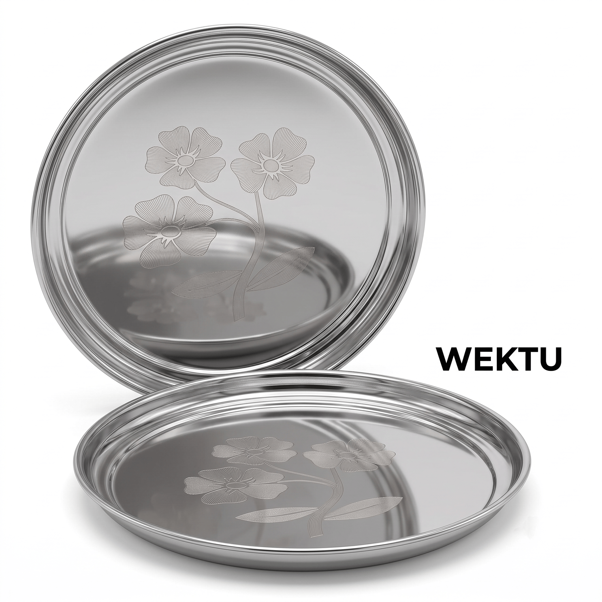 WEKTU Stainless Steel Rajbhog Gol Dinner Plate with Laser Floral Print (29 cm Diameter) – Premium Heavy Gauge Mirror Finish Round Thali for Lunch & Dinner | Food Grade, Durable & Rust Proof