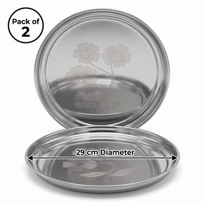 WEKTU Stainless Steel Rajbhog Gol Dinner Plate with Laser Floral Print (29 cm Diameter) – Premium Heavy Gauge Mirror Finish Round Thali for Lunch & Dinner | Food Grade, Durable & Rust Proof