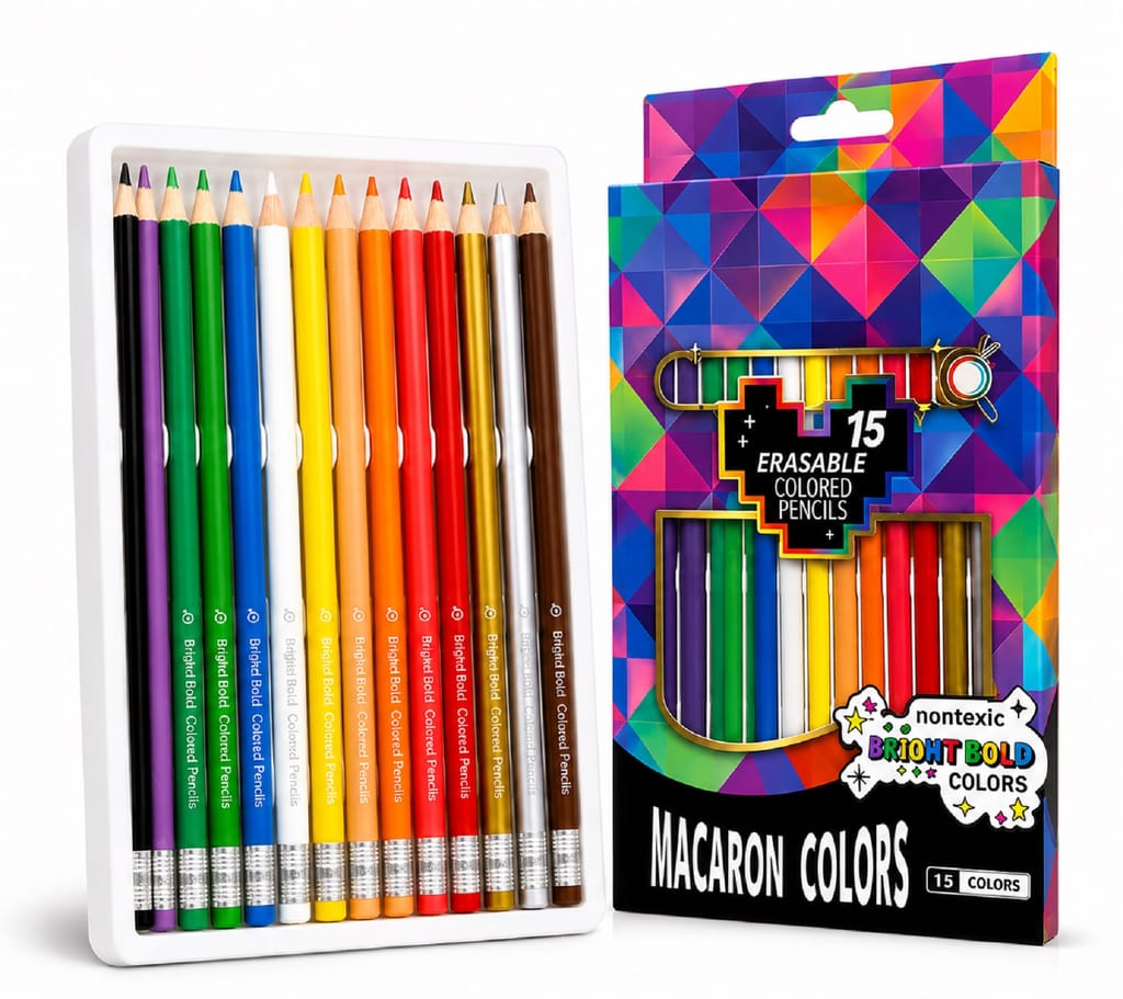 KTRS ENTERPRISE 15 Pcs Erasable Colored Pencils Set for Kids & Students | Bright Bold Colors | Smooth Coloring Pencils for Drawing, Sketching, Art & Craft | Macaron Color Pencil Set