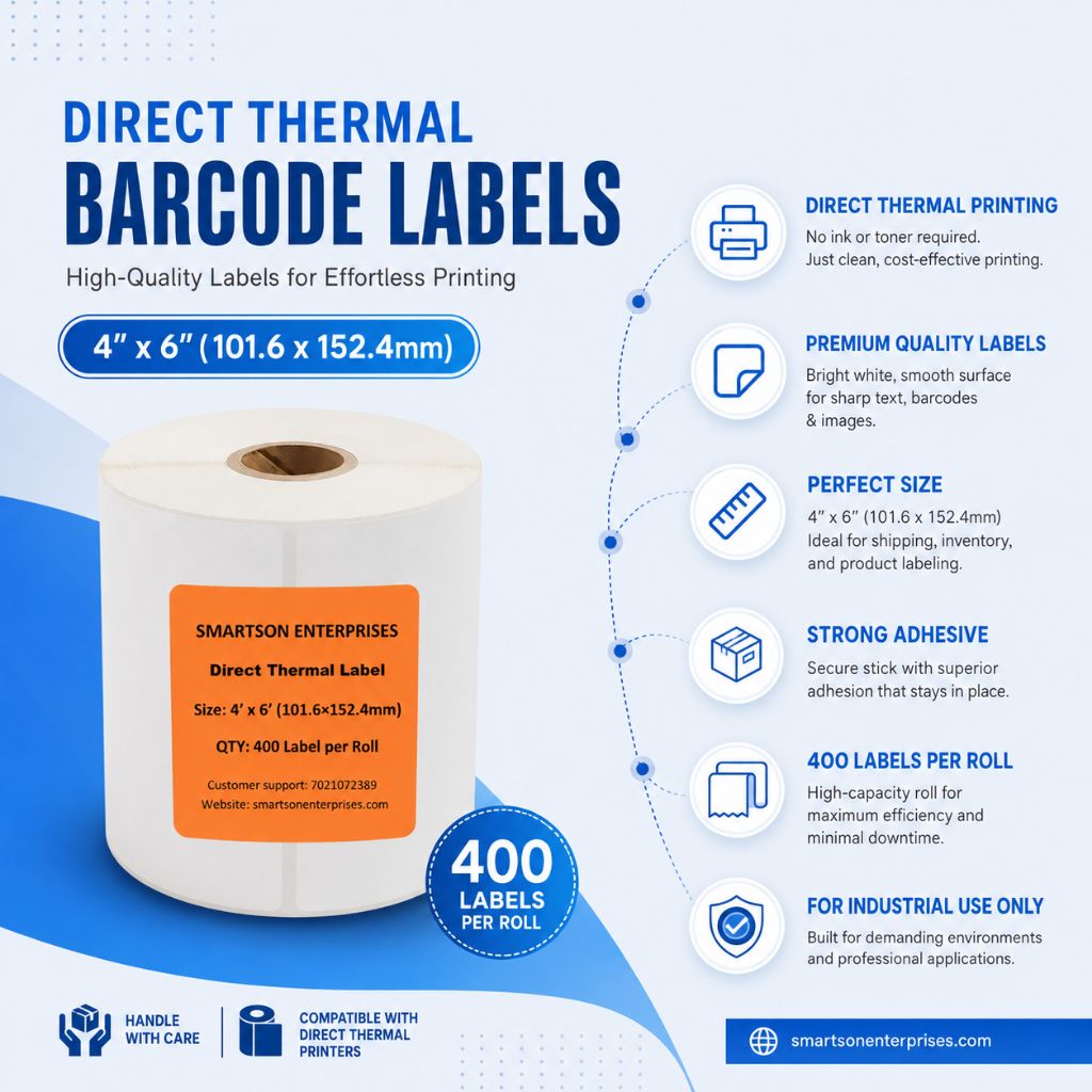 Direct Thermal Barcode Labels – 100mm x 150mm (4x6 Inch) | 400 Labels per Roll | Standard Shipping Label Size for Delhivery, Bluedart & Shiprocket