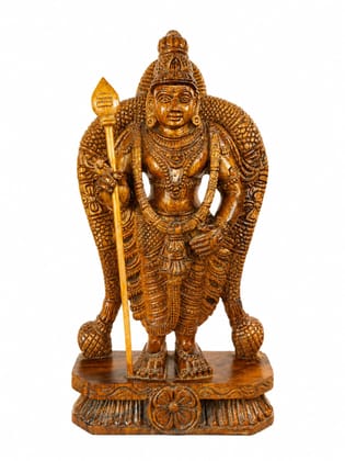 Hand-Carved Wooden Lord Murugan Statue 