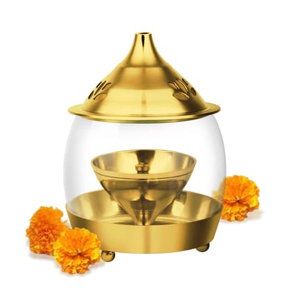 Treo by Milton Arpan Decorative Brass Diya for Puja with Borosilicate Curved Glass Cover , Small