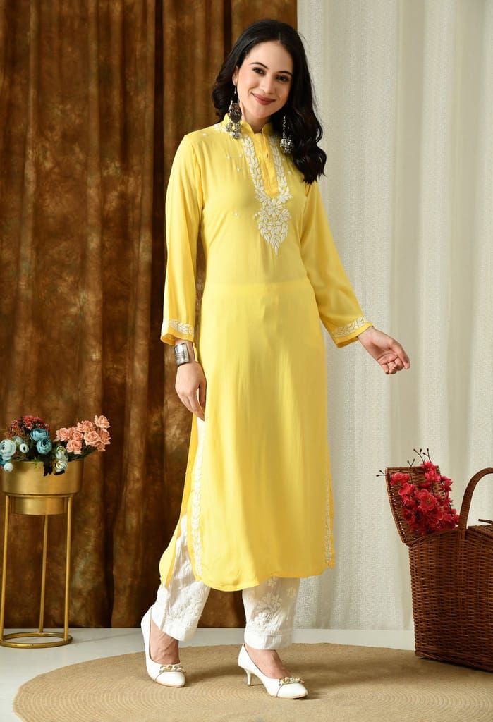 Saanjh – Sunshine Yellow Rayon Kurta with Classic Chikankari