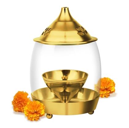 Treo by Milton Arpan Decorative Brass Diya for Puja with Borosilicate Curved Glass Cover , Large