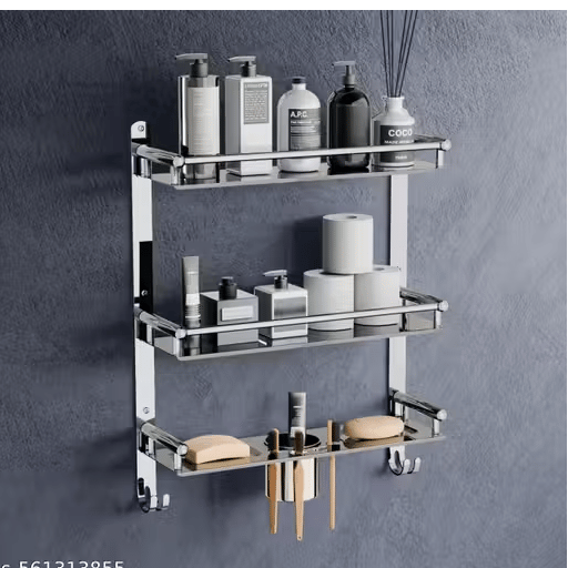 SS Bathroom Wall Organizer Rack with Toothbrush Holder, Dual Soap Dishes, Tumbler Stand & Hooks