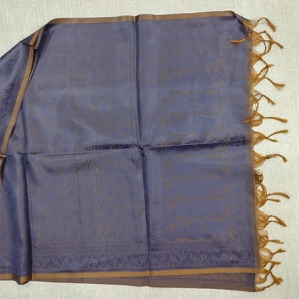 Banarasi Silk Stole Dark Lavender with Brown Border and Tassels (Size: 180cm X 50cm)