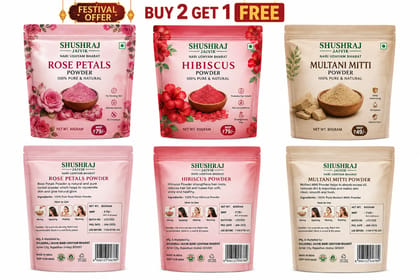 SHUSHRAJ JAIVIK Festival Offer Combo Pack – Rose Petals Powder 80g + Hibiscus Powder 80g + Multani Mitti Powder 80g | Buy 2 Get 1 Free | 100% Pure & Natural Herbal Powders
