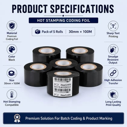 Hot Stamping Coding Foil – Black Ribbon for Expiry Date & Batch Coding | Pack of 5 Rolls