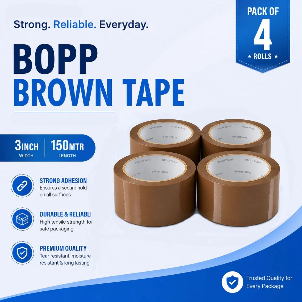 BOPP Cello Tape – 3 Inch x 150 Metre Brown Packing Tape | Strong Adhesive | Pack of 4 Rolls