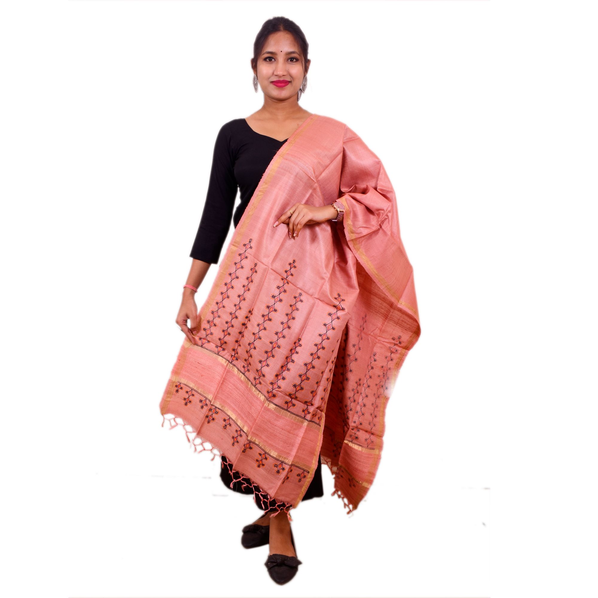 Tribes India Godna Painted Red Pink Tussar Dupatta/Stole