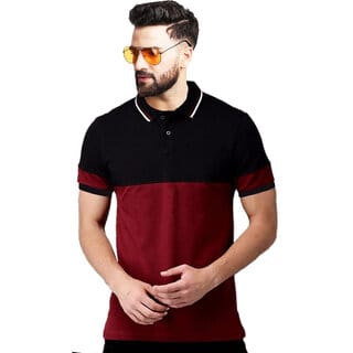Leotude Men Maroon Color Block Cotton Blend T-Shirt