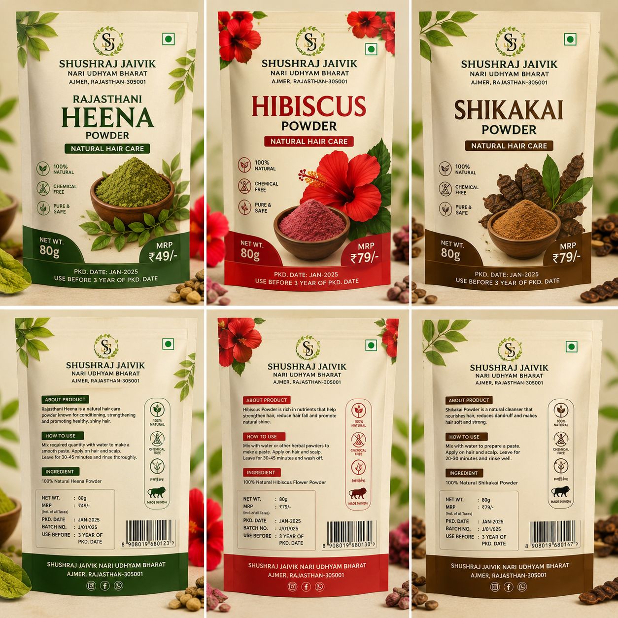 SHUSHRAJ JAIVIK Rajasthani Heena, Hibiscus & Shikakai Powder Combo | 80g Each | Natural Herbal Hair Care