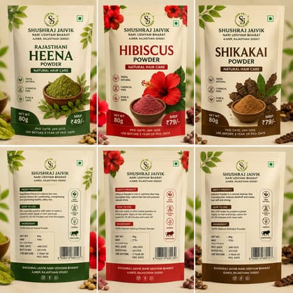 SHUSHRAJ JAIVIK Rajasthani Heena, Hibiscus & Shikakai Powder Combo | 80g Each | Natural Herbal Hair Care