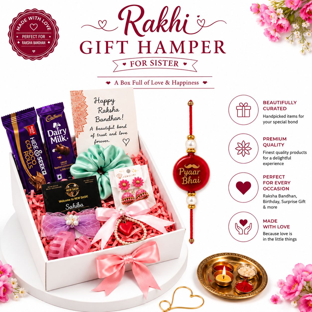 New Dash Rakhi Gift Hamper for Sister – Premium Raksha Bandhan Gift Set with Chocolates, Rakhi & Accessories