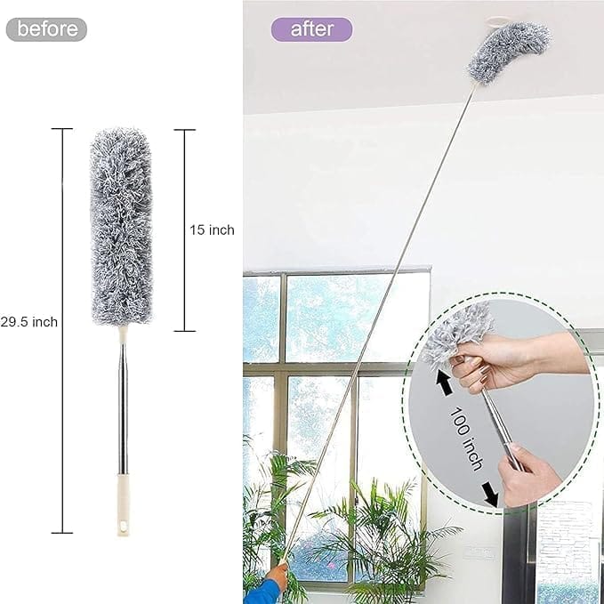 Feather Duster Bendable & Extendable Fan Cleaning Duster with 100 inches Expandable Pole Handle Washable Duster for High Ceiling Fans, Window Blinds, Furniture (100 inch)