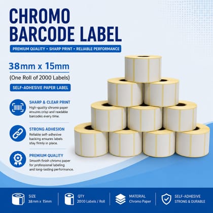 Chromo Barcode Labels – 38mm x 15mm | 2000 Labels per Roll | Self-Adhesive White Paper Label