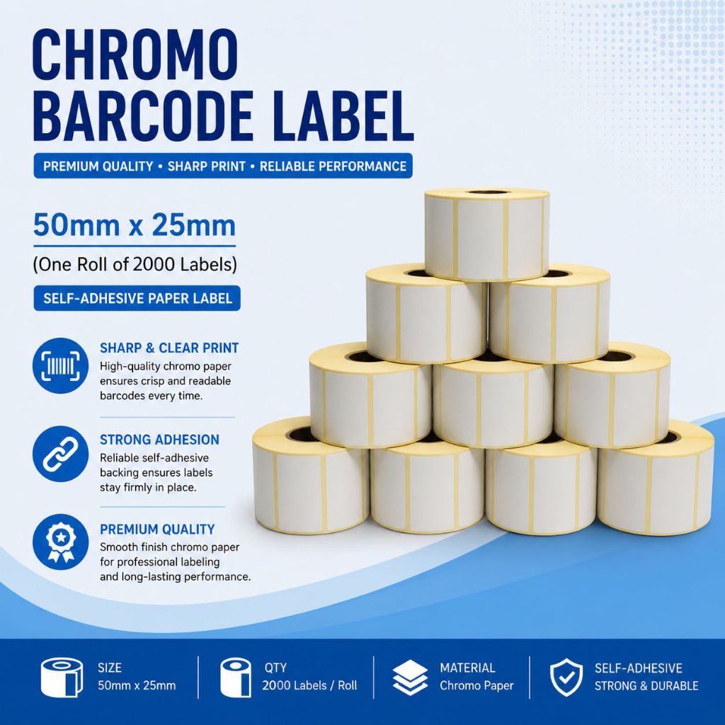 Chromo Barcode Labels – 50mm x 25mm | 2000 Labels per Roll | Self-Adhesive White Paper Label