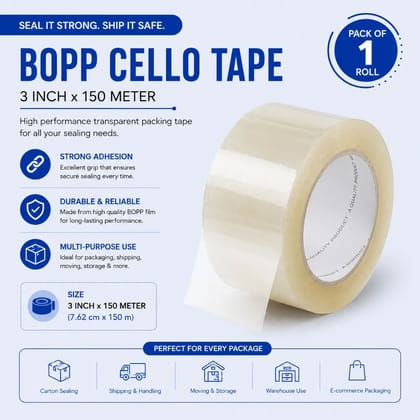 BOPP Cello Tape – 3 Inch x 150 Metre Transparent Packing Tape | Wide Heavy-Duty Tape | Single Roll