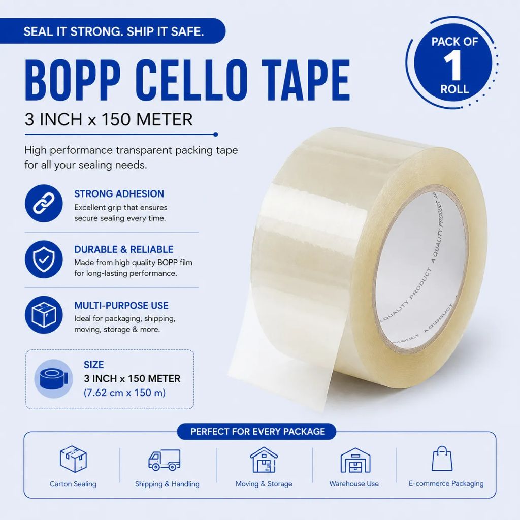 BOPP Cello Tape – 3 Inch x 150 Metre Transparent Packing Tape | Wide Heavy-Duty Tape | Single Roll