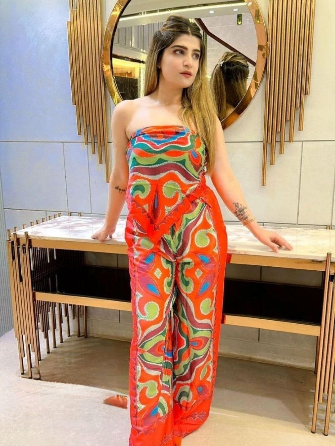 Strappy Tube Top & Pants Satin Coord Set-S / ORANGE
