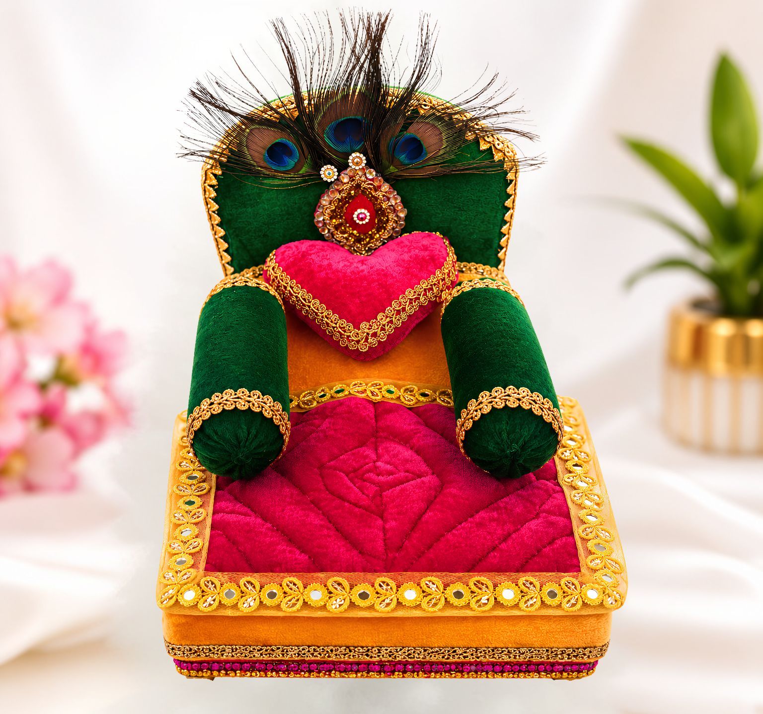 Wooden Velvet Laddu Gopal Bed with Peacock Feathers, Blanket & Pillows