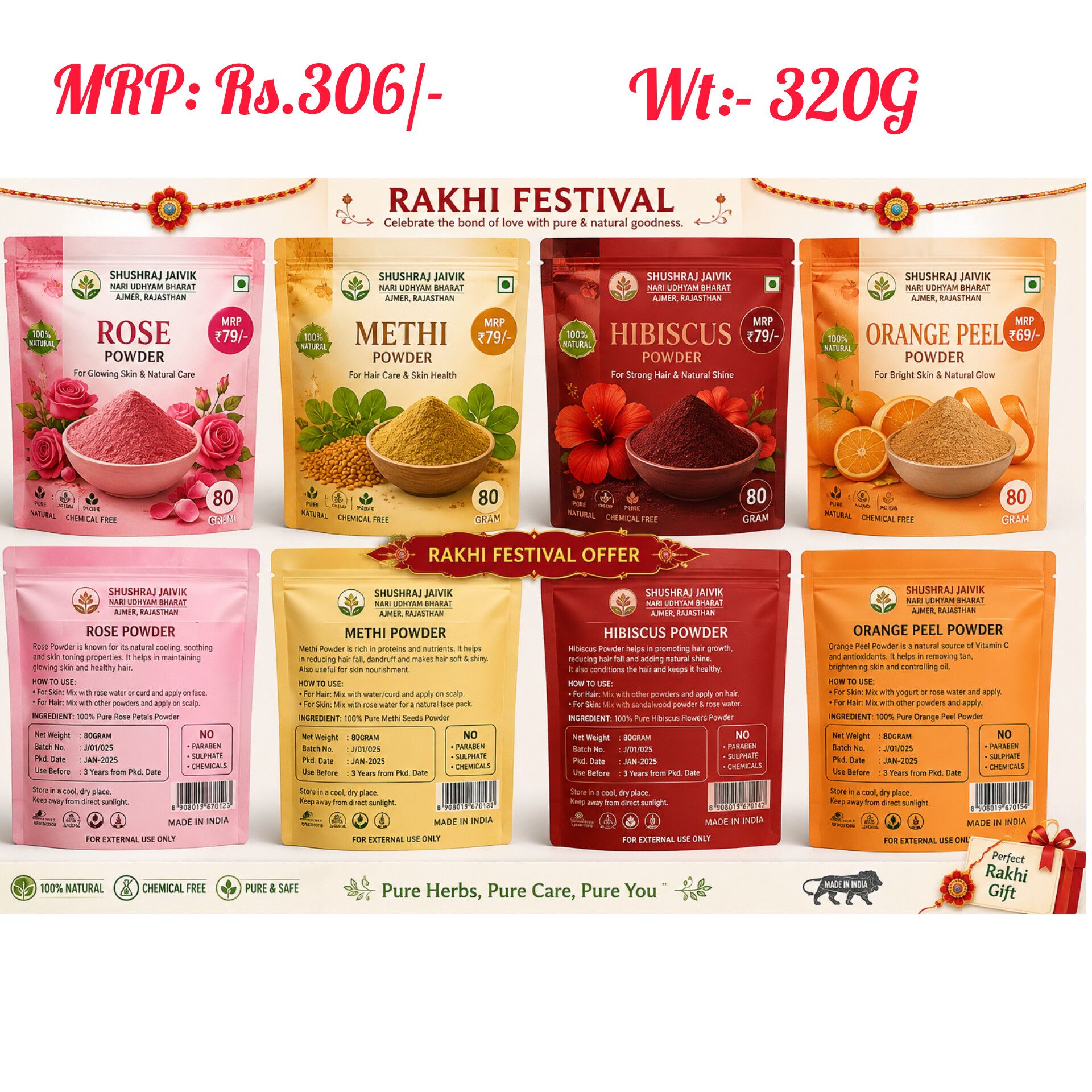 SHUSHRAJ JAIVIK Rakhi Festival Herbal Beauty Combo | Rose, Methi, Hibiscus & Orange Peel Powder | 80g Each | Natural Herbal Care