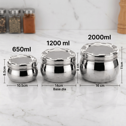 Stainless Steel Puri Dabba Set of 3 | Kitchen Storage Canister Dabba Set