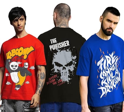 Mens Oversized T-Shirt | Casual Graphic Tee | Round Neck Half Sleeve Cotton Blend (Pack of 3)