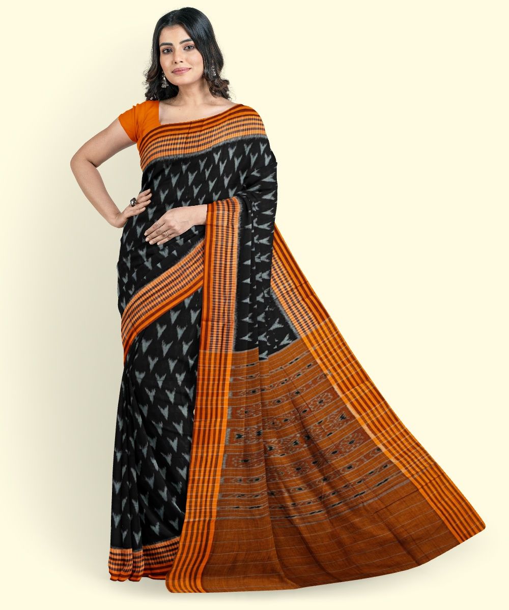 Black Orange Sambalpuri Handwoven Single Ikat Cotton Saree SFCSAR2450