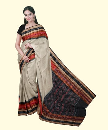 Beige Black Sambalpuri Handwoven Single Ikat Cotton Saree SFCSAR2459