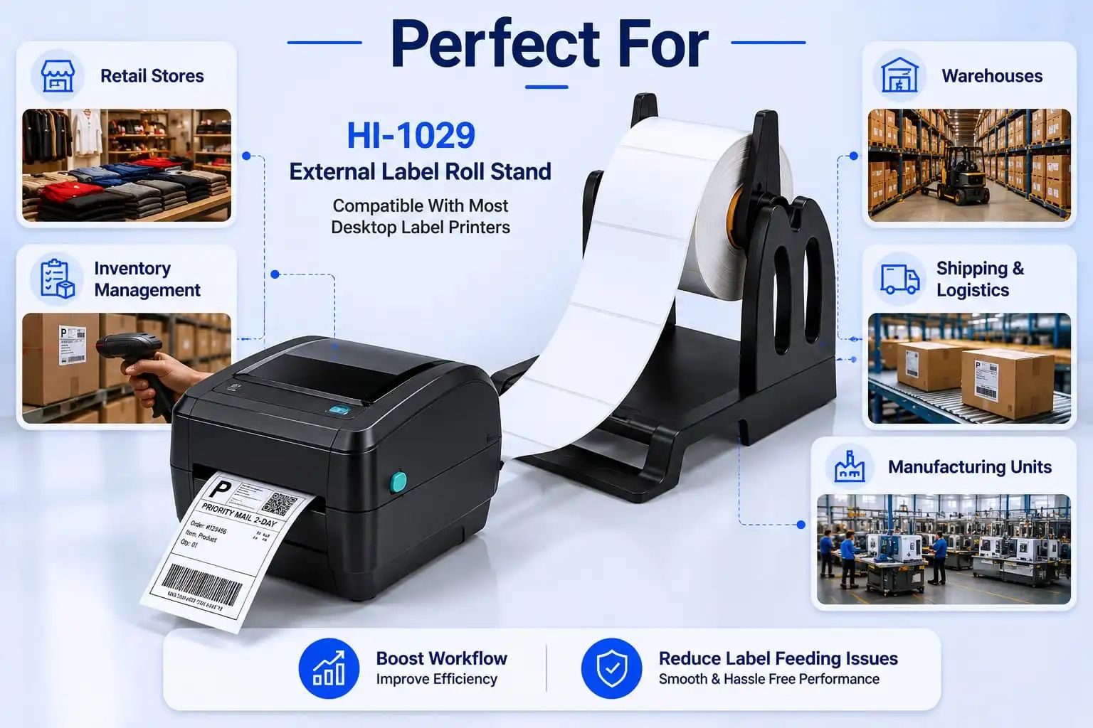 Thermal Label Holder – Universal Label Roll Stand for Barcode & Taffeta Rolls | Compatible with TSC, Zebra & Godex Printers