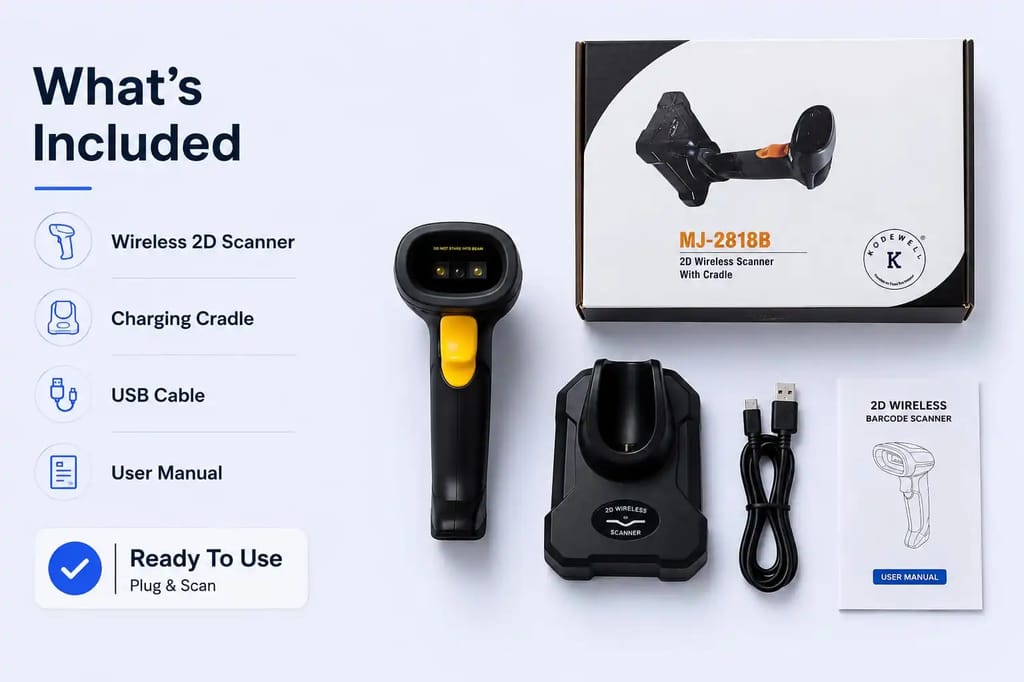 MJ-2818B 2D Wireless Barcode Scanner with Cradle – USB, Reads QR Code, 1D & 2D Barcodes | 1 Year Warranty