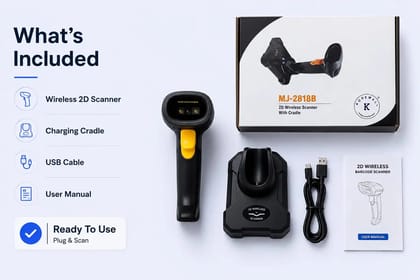 MJ-2818B 2D Wireless Barcode Scanner with Cradle – USB, Reads QR Code, 1D & 2D Barcodes | 1 Year Warranty