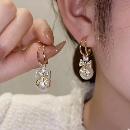 Elegantra 18K Gold Plated Pearl Drop Earrings for Women & Girls | Sparkling Crystal Bow Pearl Drop Hoop Earrings | Elegant Half Hoop Pearl Drops for Party, Wedding & Festive Wear (Pair of 1)